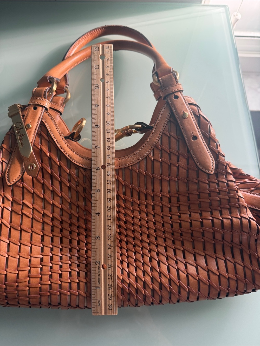 Cole Haan Woven Tan Leather Shoulder Bag with Gold-Tone Chain - Picture 10 of 15
